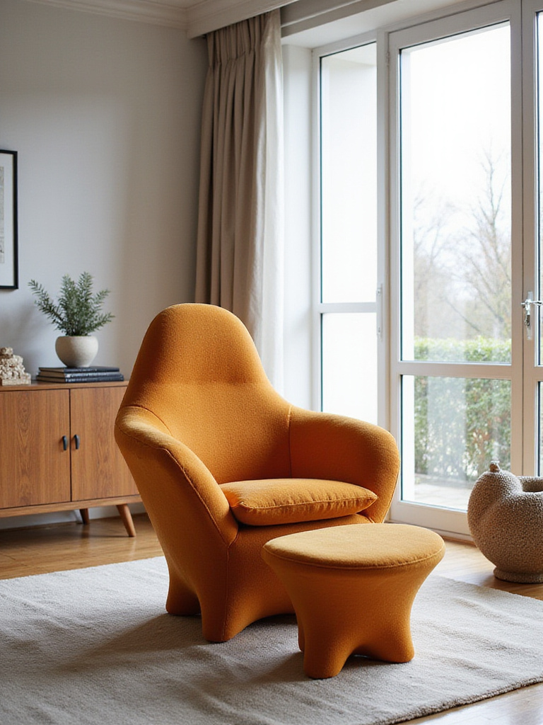 Sculptural accent chair in a modern living room setting