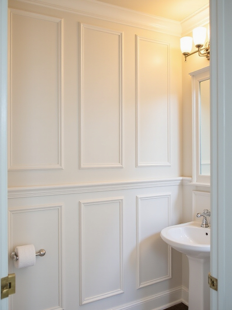 Elegant powder room with white wainscoting wall paneling and warm lighting