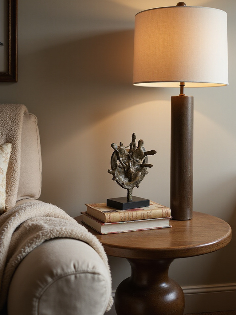 Elegant end table with a small abstract metal sculpture and decor