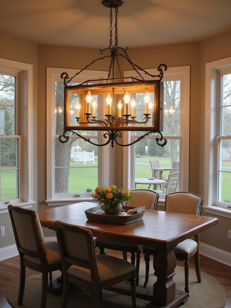 Rustic dining nook with chandelier illuminating a wooden table