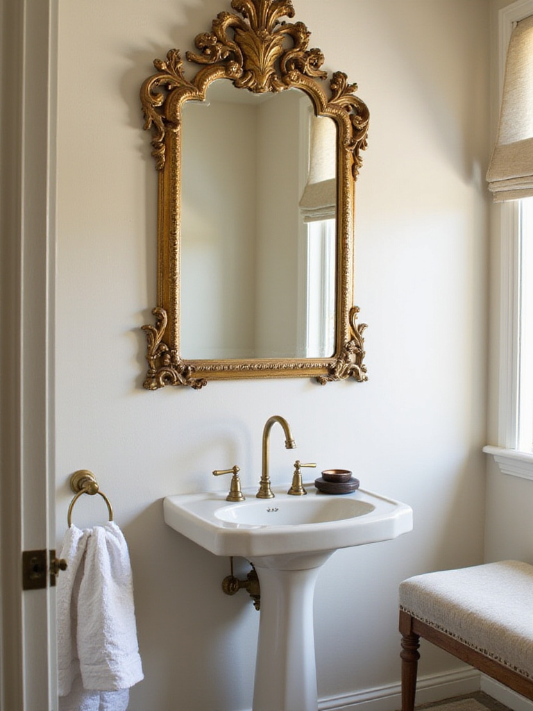Elegant powder room featuring an antique mirror above a vintage sink