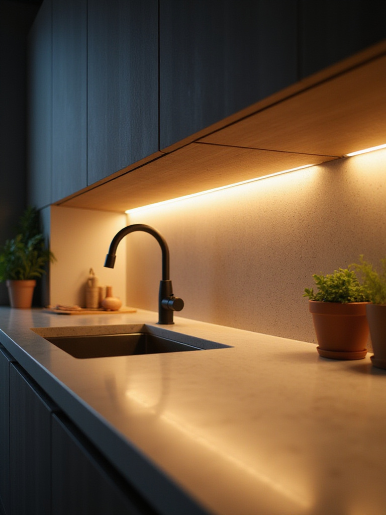 Modern kitchen with under-cabinet LED lighting illuminating the countertop
