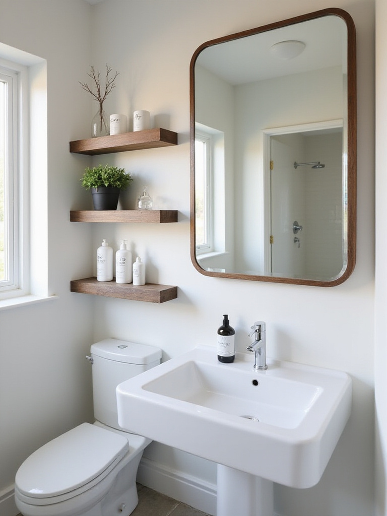 Floating shelves in a small bathroom with organized storage.