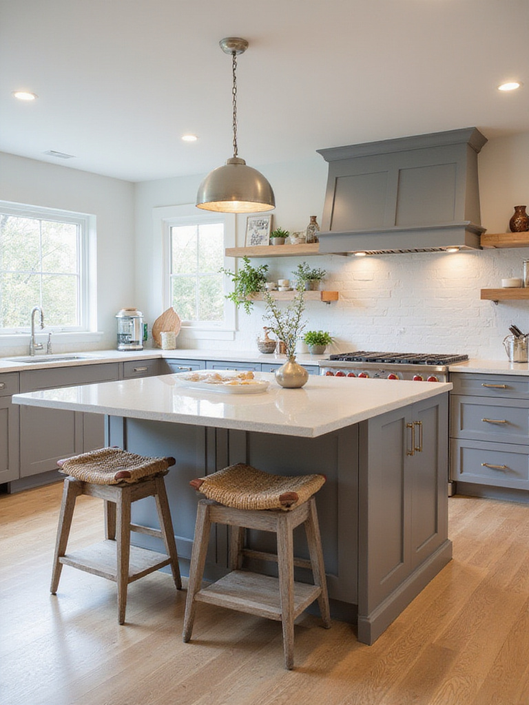 Modern kitchen with a multi-level kitchen island designed for prep and dining.