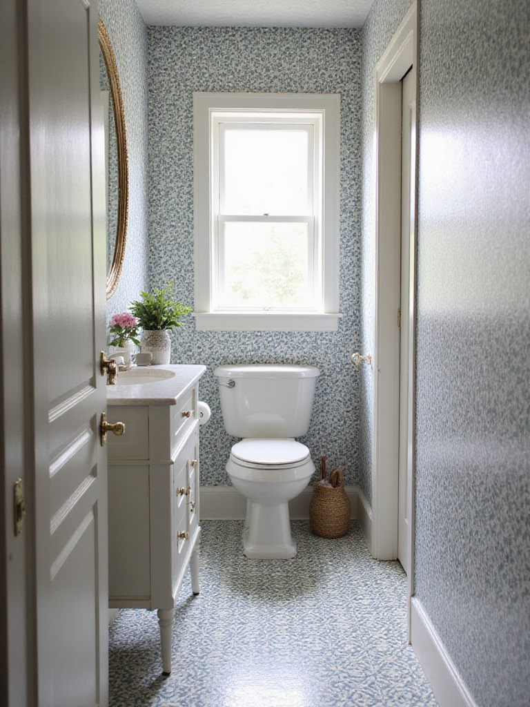 A small bathroom with patterned walls and flooring creating visual depth.