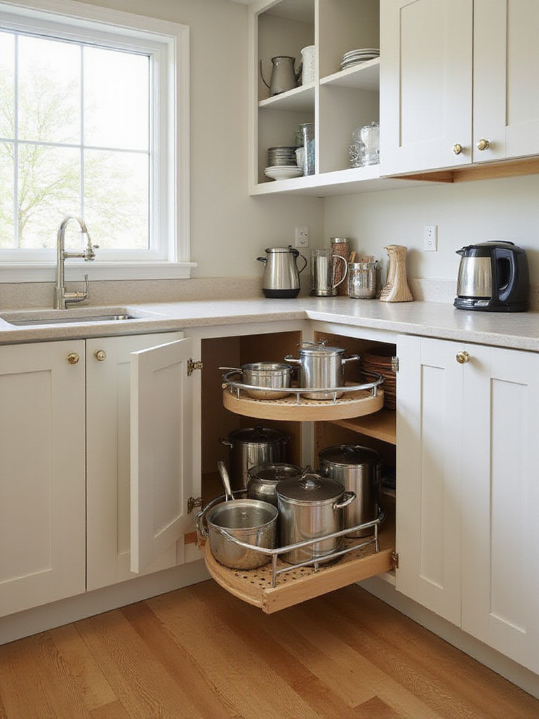 Modern kitchen corner cabinet with lazy Susan and pull-out systems showcasing organized storage.