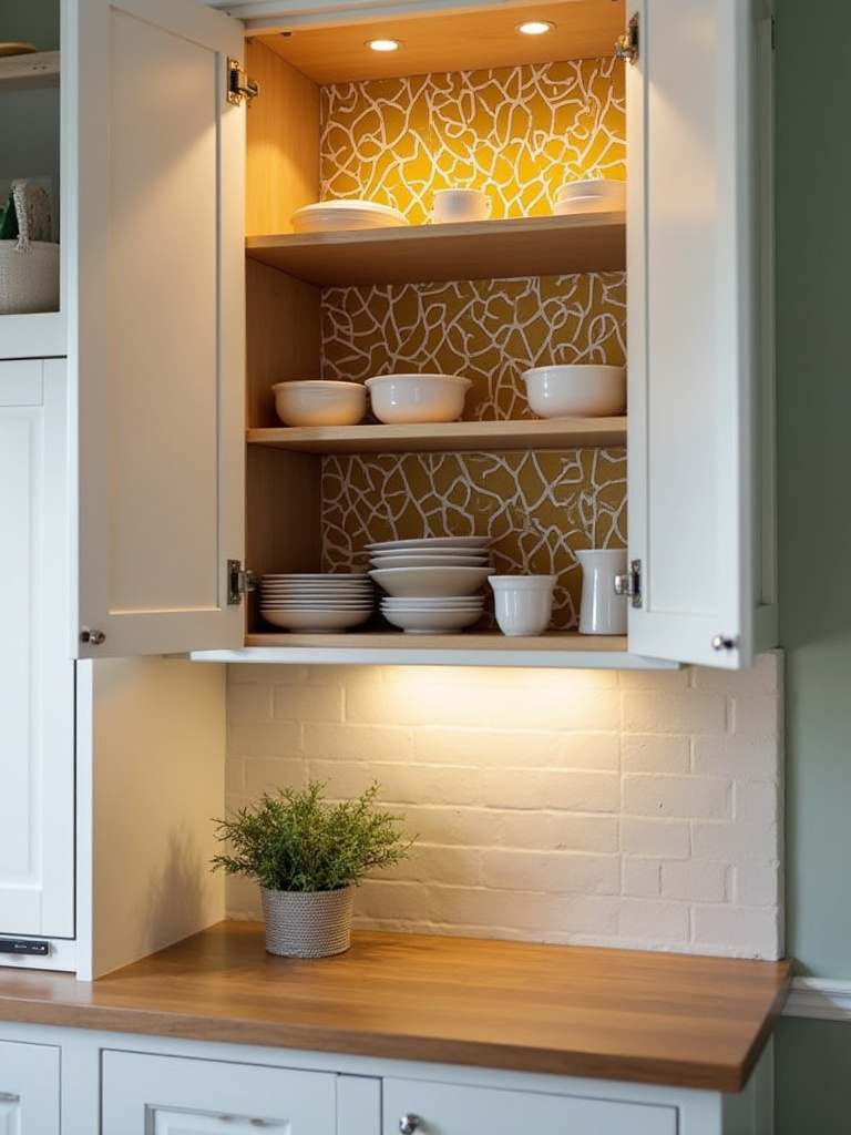 Modern kitchen cabinet with colorful shelf liners and organized items.