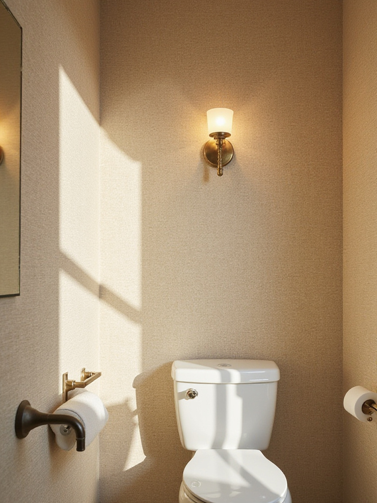 Powder room with tactile texture wall treatment featuring grasscloth wallpaper.