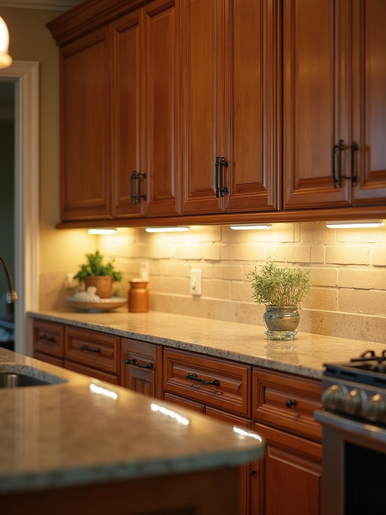 A beautifully lit traditional kitchen showcasing under-cabinet lighting illuminating the countertop.