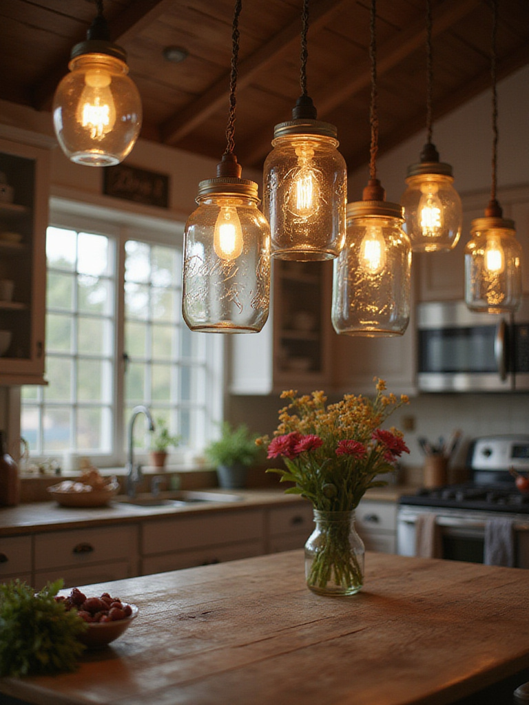 Mason jar lights hanging over a rustic kitchen island, providing warm ambiance.