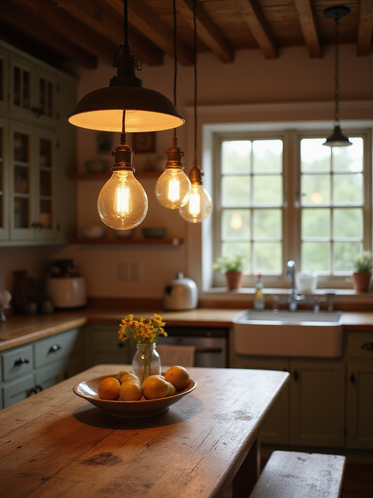 Bright and inviting country kitchen with clean pendant light fixtures