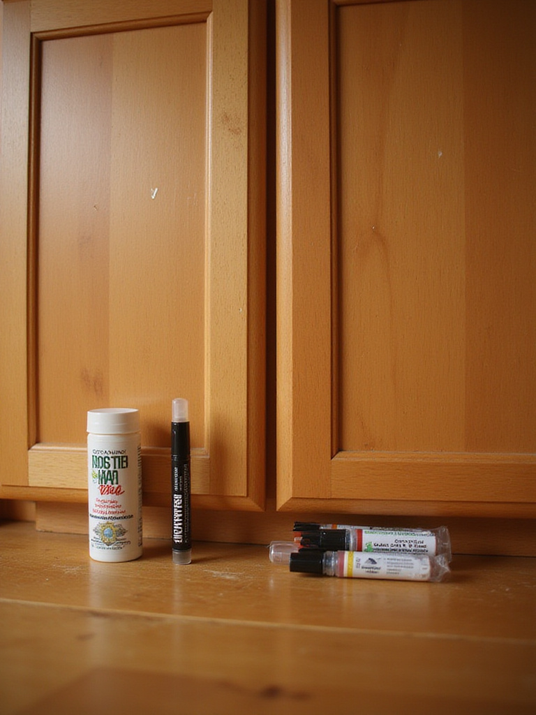 Image of traditional kitchen cabinet with touch-up products for scratches and dents