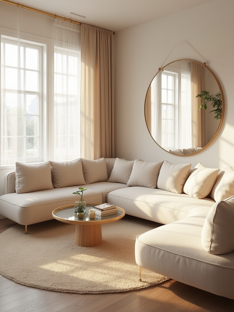 Modern living room with curved furniture including a sectional sofa and round coffee table