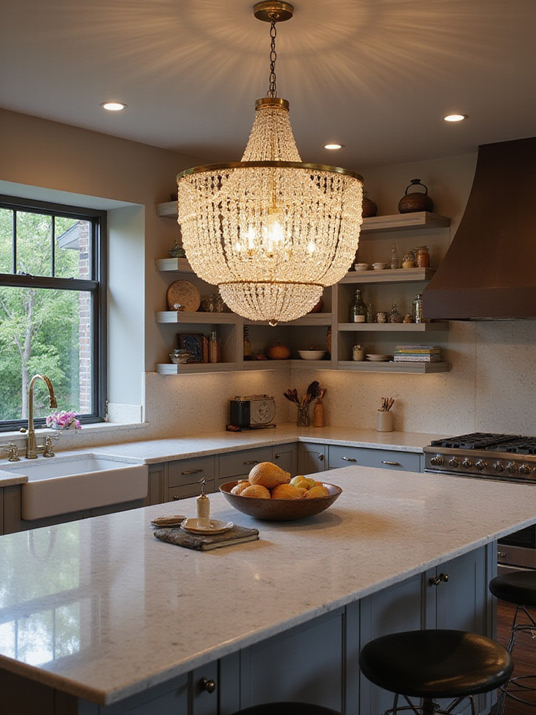 Eclectic kitchen with vintage crystal chandelier over minimalist quartz island.