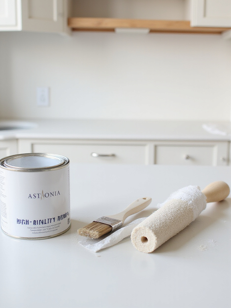 Kitchen cabinet painting setup with high-quality primer and tools