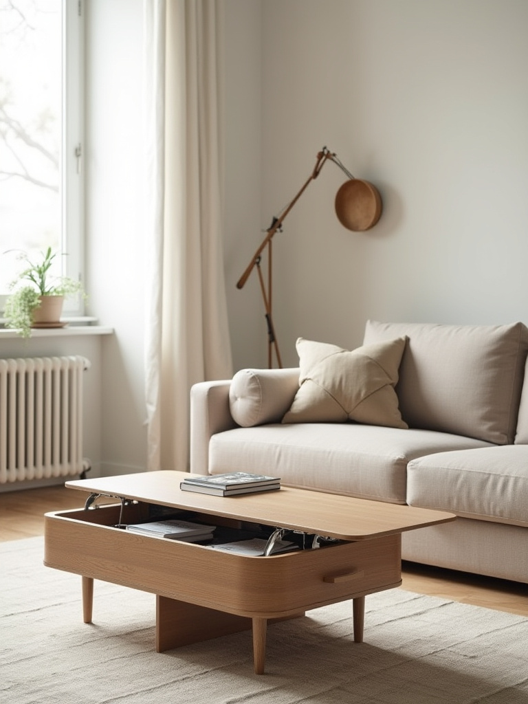 Professional photo of a minimalist living room showcasing essential, multi-functional furniture pieces.