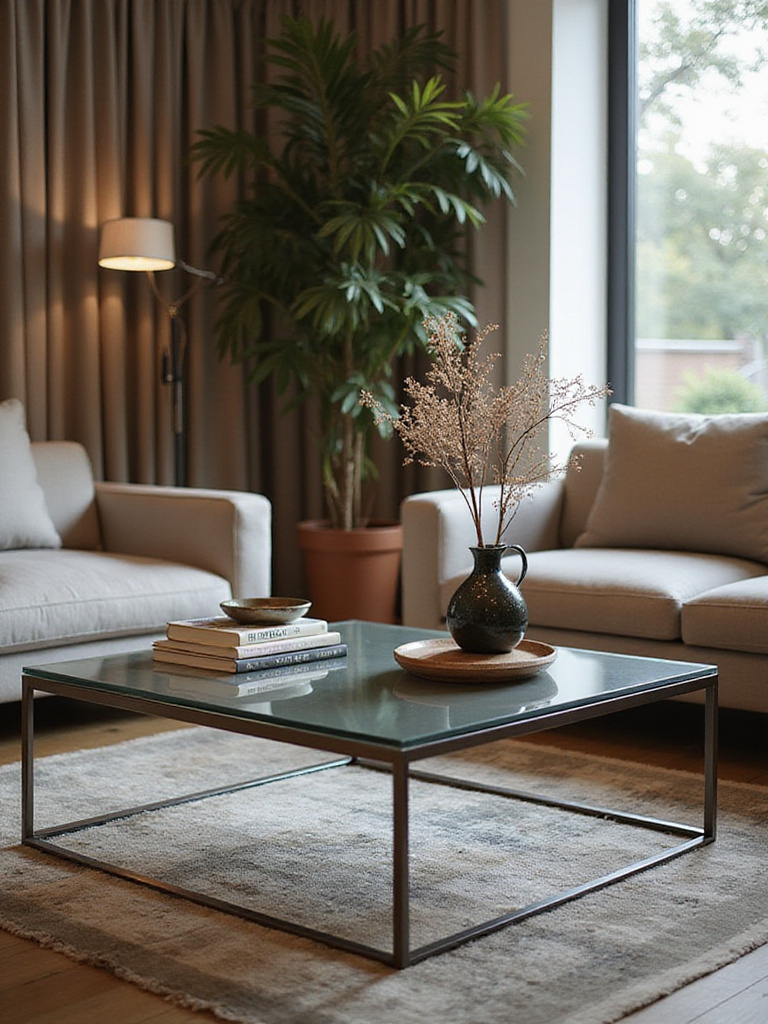 Modern living room with stylish coffee table centerpiece