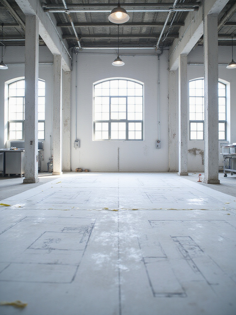 Industrial kitchen assessment showing structural elements and planning tools.