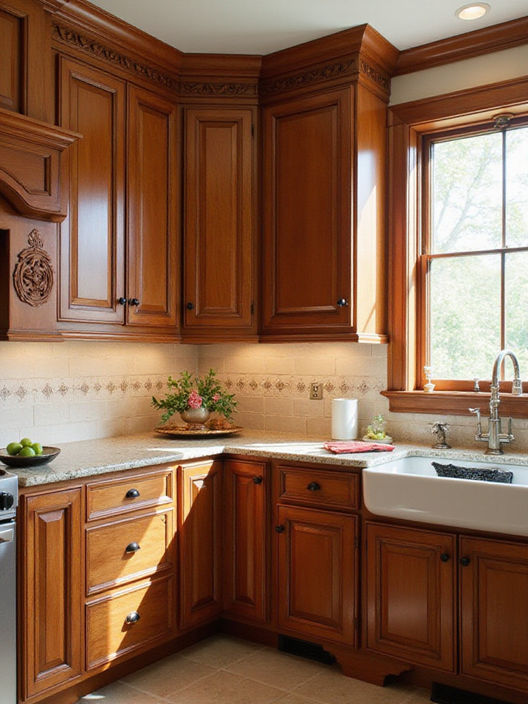 A traditional kitchen with warm wooden cabinets, elegant moldings, and vintage hardware, beautifully lit by natural light.