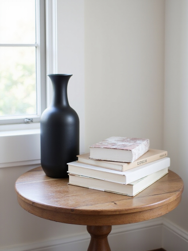 A professionally styled end table with balanced visual weight featuring a dark vase and light-colored books.