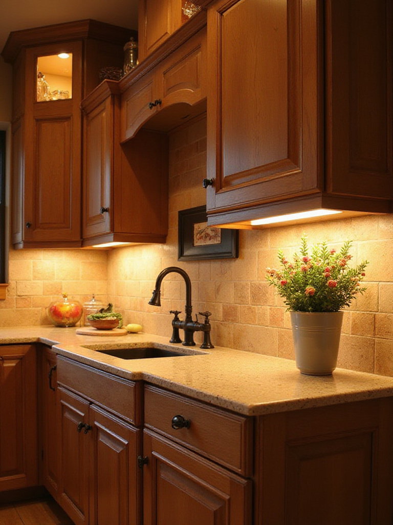 Country kitchen with under-cabinet lights illuminating countertops