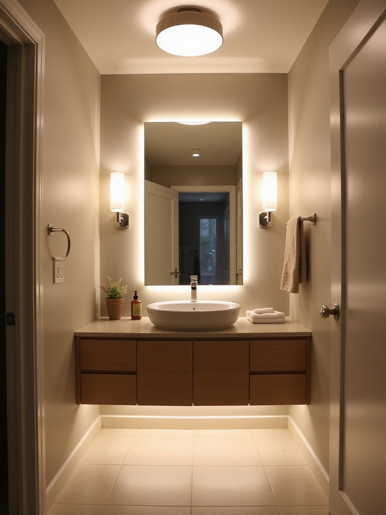 Bright small bathroom illuminated with layered lighting including ceiling light, wall sconces, and LED strips