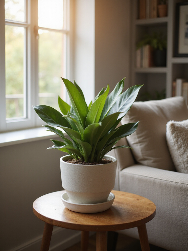 A small ZZ Plant in a minimalist pot on an end table, illuminated by natural light.