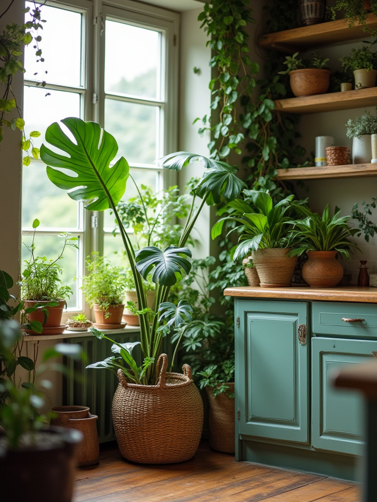 Eclectic kitchen with plants and greenery for freshness