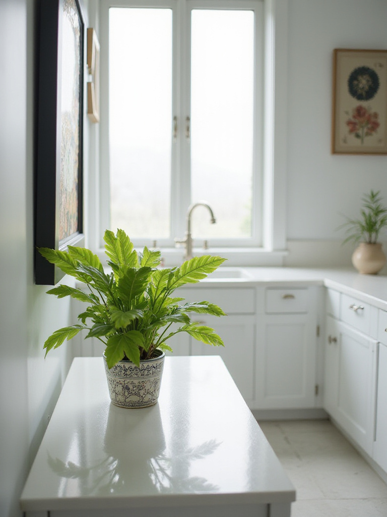 A stylish powder room featuring a ZZ Plant on the countertop, beautifully lit by natural light.