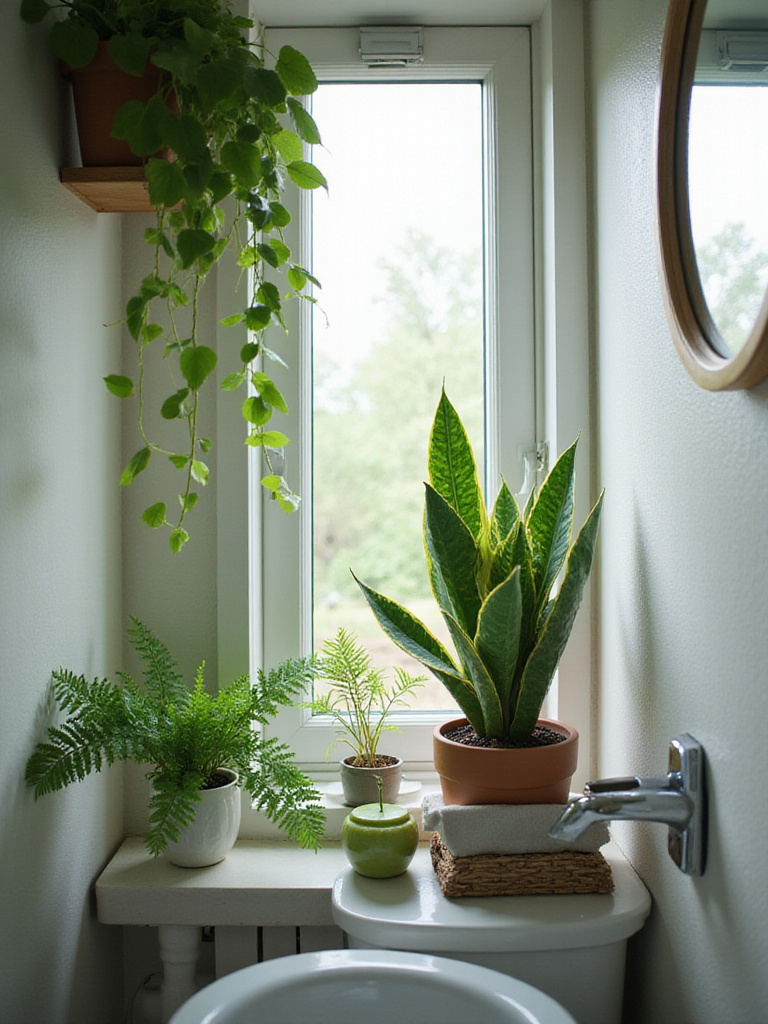 Small bathroom with Snake Plant, Pothos, and Fern creating a natural atmosphere.