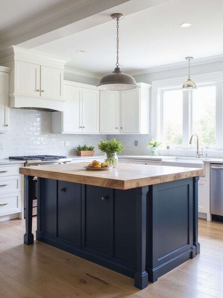 Modern kitchen with contrasting navy blue island and white cabinetry