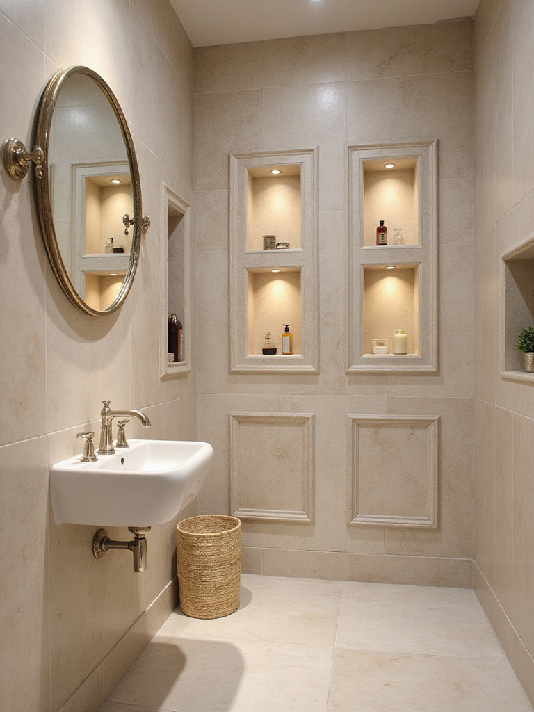 Small bathroom with recessed niches for storage