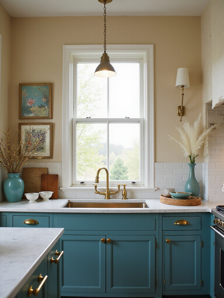 Eclectic kitchen decor with a cohesive color palette featuring teal, brass, and cream