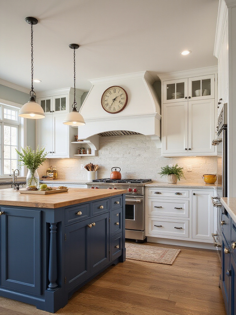 A beautifully designed eclectic kitchen with mixed cabinet styles and colors.