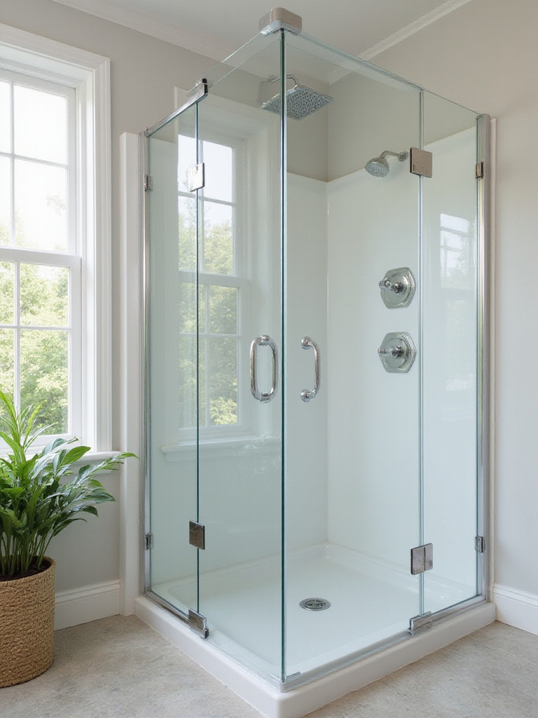 Small bathroom with clear glass shower enclosure and modern decor