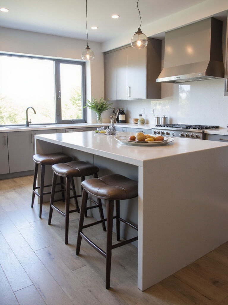 Modern kitchen island with comfortable seating arrangements and countertop overhang