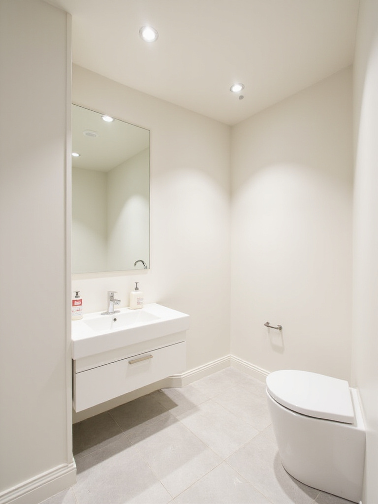 A modern small bathroom with light-colored walls, ceiling, and flooring, showcasing a bright and airy atmosphere.