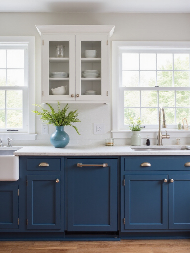 A modern kitchen showcasing deep navy blue and white cabinets with natural light illuminating the space.