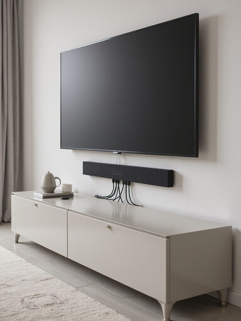 Minimalist living room with concealed cables and integrated technology
