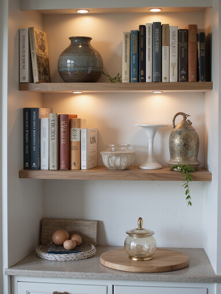 Modern kitchen island with open shelving displaying cookbooks and decorative items.
