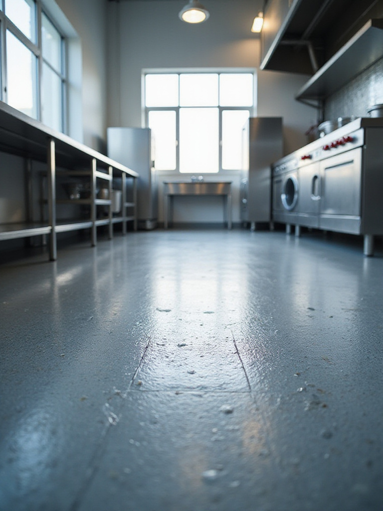 Industrial kitchen with slip-resistant flooring, showcasing safety features.