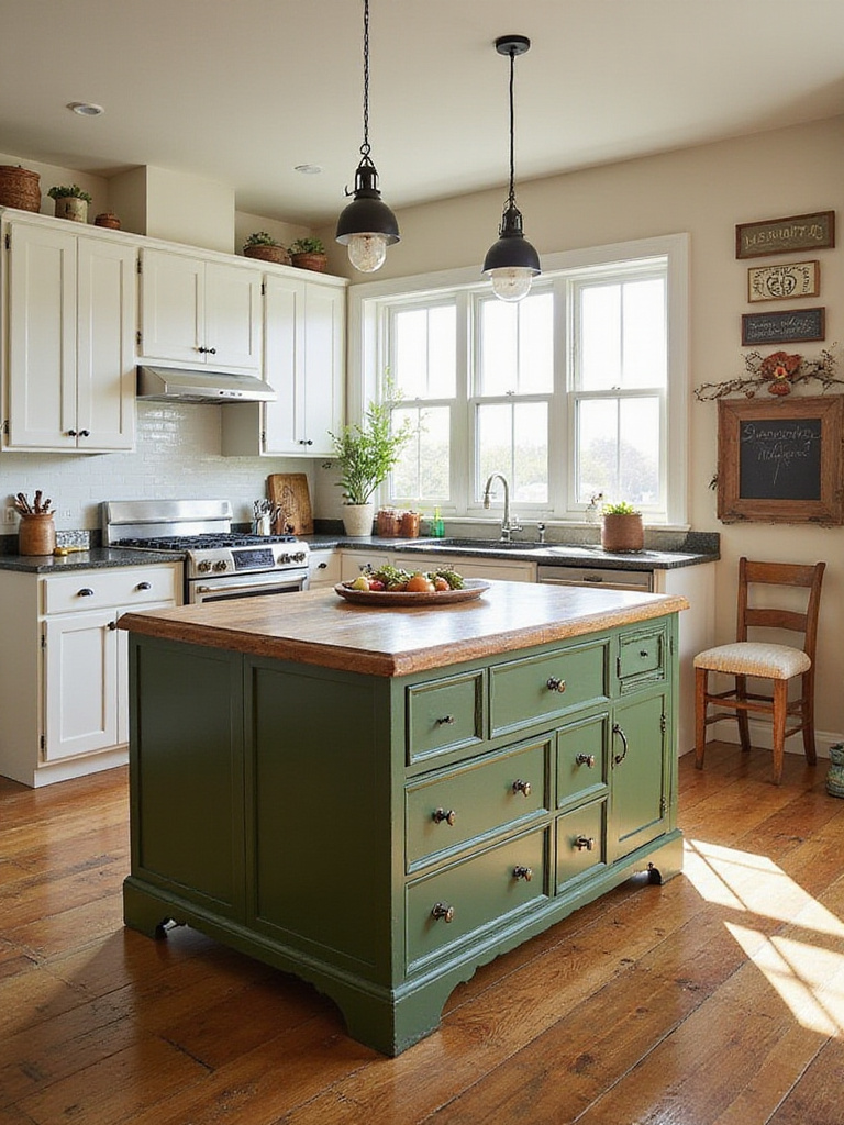 Eclectic kitchen featuring vintage furniture with antique dresser as an island.