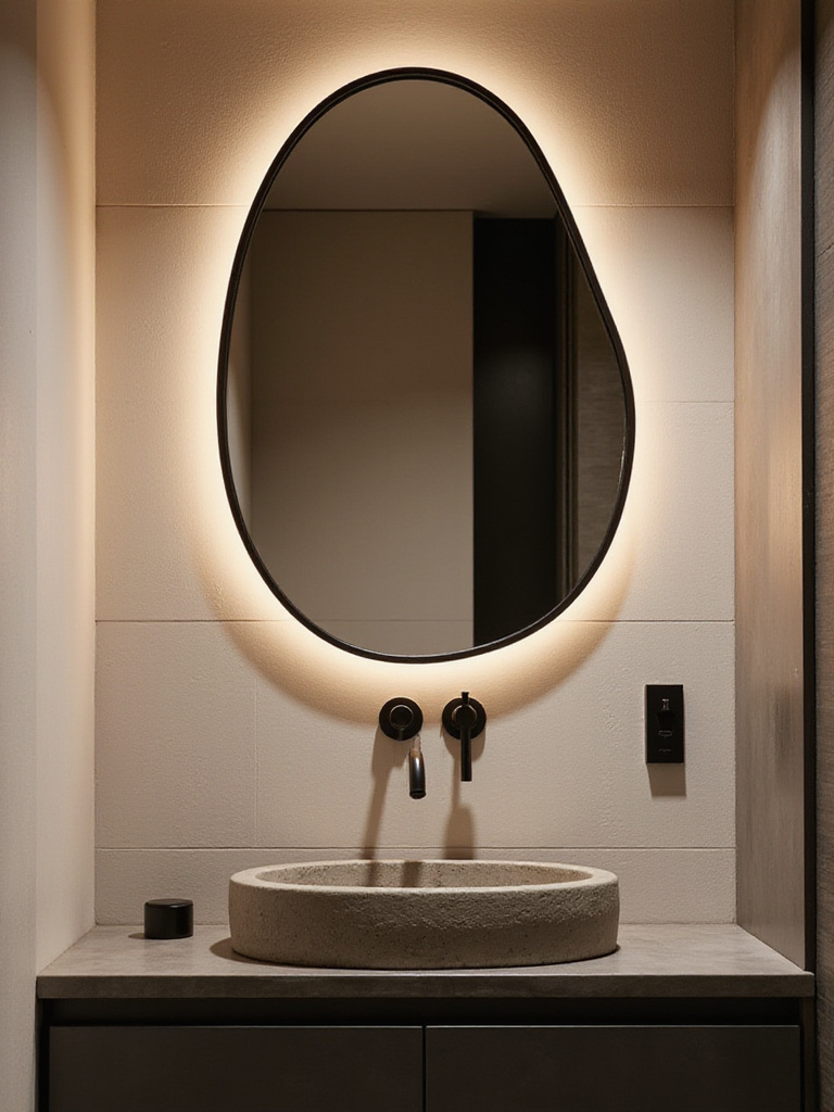 Stunning powder room with an organic-shaped mirror above a concrete sink.