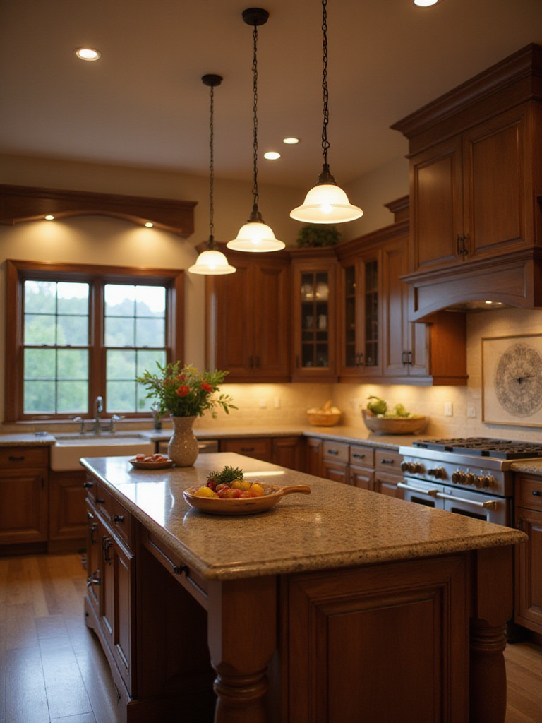 A country kitchen with dimmed pendant lights over the island, showcasing the warm and inviting atmosphere created by installing dimmers.