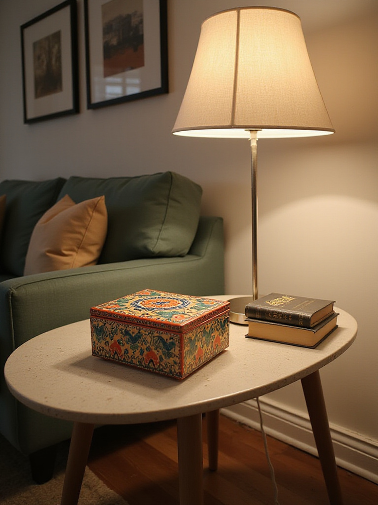 End table featuring a decorative box and stylish decor elements