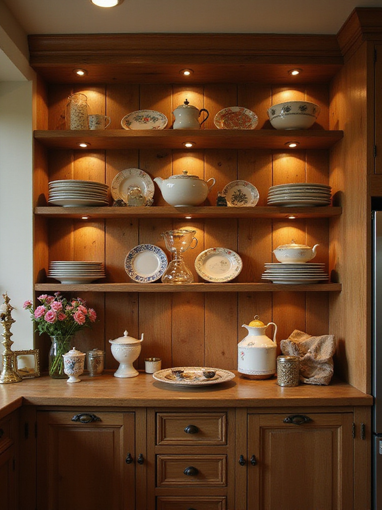 A cozy country kitchen showcasing open shelving with subtle accent lights highlighting displayed items.