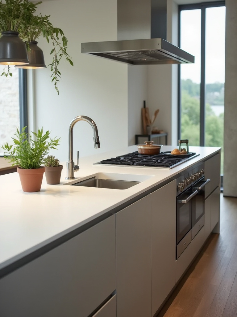Modern kitchen island with prep sink and cooktop, showcasing functionality and design.