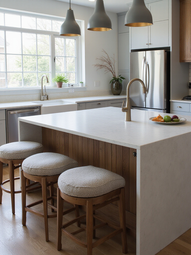 Modern kitchen island with matching seating styles and height.