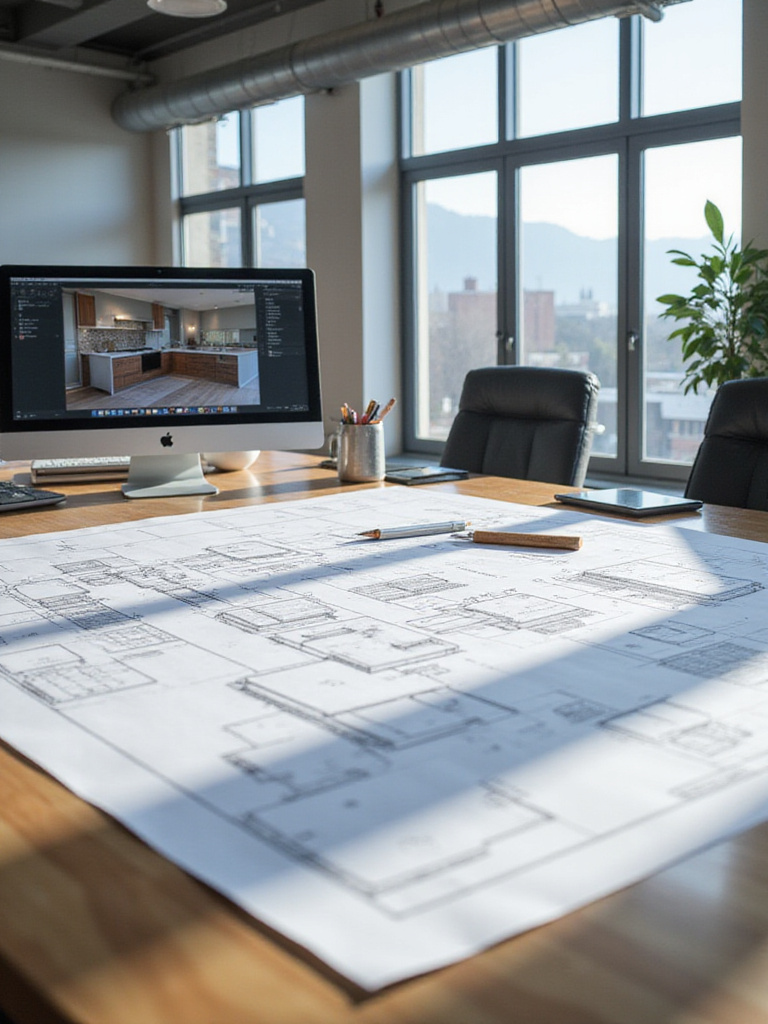 Blueprints of an industrial kitchen design on a conference table with design tools and a computer.