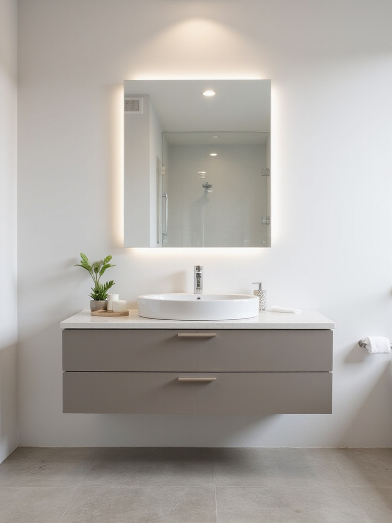 Modern powder room featuring a sleek floating vanity with ample floor space beneath.